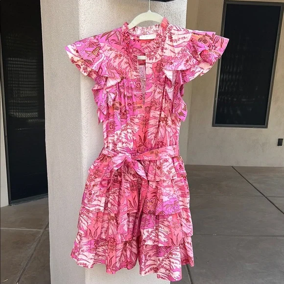 open lace back dress Gracelle Eyelet Cotton Dress - Dahlia Pink Short Sleeve Midi Dress main image 1